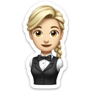 a caucasian female butler with a professional and elegant demeanor. She has her hair neatly tied in a ponytail and wears a classic butler uniform, including a tailored vest, crisp white shirt, and bow tie. sticker