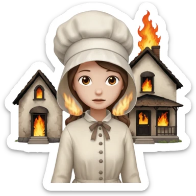 handmaids tale style woman burning house down walking away from house. shes wearing the nun hands maid tale hat cant see her face with brown hair  sticker