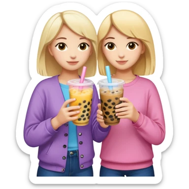 two friends, one blonde and one brunette, standing with their backs, hugging each other with one hand and holding bubble tea with the other, emoji style, with colorful bubble tea cups sticker