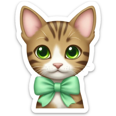 kawaii brown tabby kitten with green eyes and pastel green bow on ear sticker