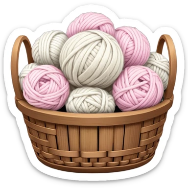 detailed, hyperrealism, still life beautiful ball of chunky white to light pink color wool, placed in a dark wooden basket, with other types of wool, to knit a blanket. Transparent background  sticker