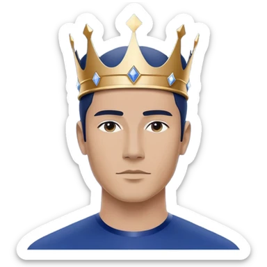 A confident man wearing a modern, minimalist crown in deep blue color. The crown is sleek with very few details, smooth surface, and a subtle futuristic design. In the center front of the crown, there is a clean, flat area designed for logo placement. The man has a calm, composed expression and is dressed in simple, elegant clothing. Neutral or soft background to keep the focus on the crown. High-resolution, premium look sticker