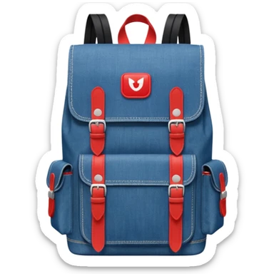 a blue denim backpack with a flap top, two vertical black buckle straps on the front. The backpack has two side pockets and a soft square shape. at front pocket bottom side, red and white two divided logo 

 sticker