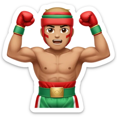 Triumphant boxer with oversized head, arms raised in victory pose. Wearing four colorful championship belts (red, green, two gold) around waist. Determined facial expression. White hand wraps. Muscular simplified body. sticker