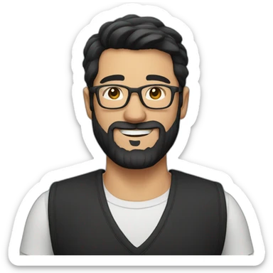 Smiling man with short black hair and glasses and beard wearing a black vest sticker