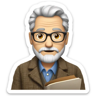"A middle-aged man with graying hair, a beard, and round glasses. He has a serious, regretful expression, wears a tweed jacket, and holds a book or chalk." sticker