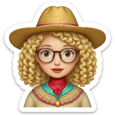 blonde girl with curly hair and glasses with a Mexican hat sticker