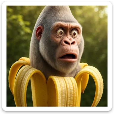 Change the gorilla's expression to a surprised, wide-eyed look with raised eyebrows, keeping the same style and quality as the reference image. sticker
