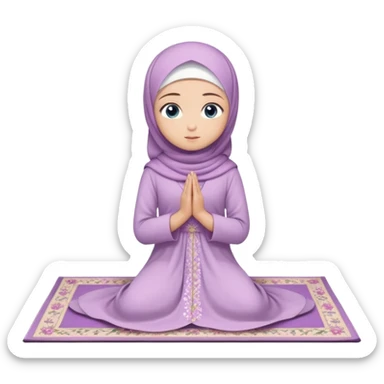 Turkish beautiful finish Konya muslim girl blue eyes with light purple color flower hijab long tail dress and sits on the pray mat namaz on the ground with dua  sticker