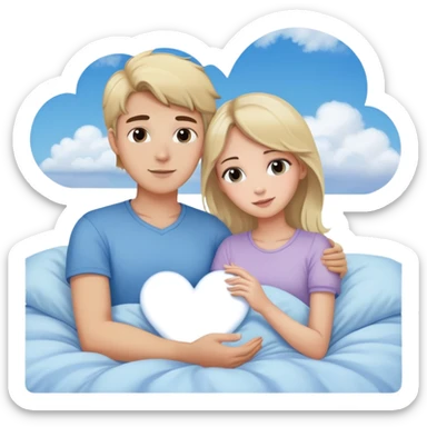 Sweet dreams a blonde man in a very  comfy bed with blue and Pastel clouds  and an delicate  with a brunette girl sending a heart elegant  sticker