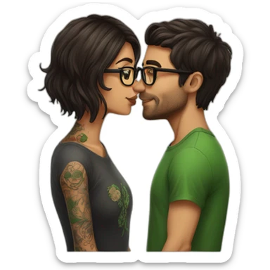 Brazilian long brown hair girl wearing glasses kissing Irish dark short hair guy with many tattoos sticker