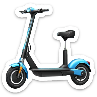 An icon featuring a sleek electric scooter parked on a scenic path. The background showcases a vibrant city park with green trees, flowers, and a clear blue sky. The sun sets in the distance, casting a warm golden glow on the landscape. Transparent background. sticker