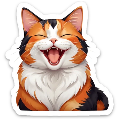 Cinematic Cute Yawning Calico Cat Portrait Emoji, Head tilted mid-yawn with a charming, relaxed expression, showcasing a soft patchwork fur of vibrant orange, black, and white, simplified yet irresistibly adorable, highly detailed, glowing with a cozy, gentle radiance, high shine, exuding sleepy yet endearing charm, styled with a soft glowing outline, capturing the essence of a calico cat caught in a delightful yawn that seems ready to cuddle up for a nap! sticker