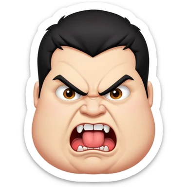 young angry fat man in profile view with black hair, fangs, crossed eyes, long tongue sticking out sticker