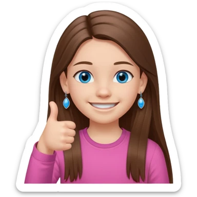 11 year old girl, blue eyes, brown long ish straight hair, smile and two thumbss up with earings and a pink shirt, and that you can see my whole body sticker