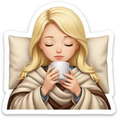 Blonde girl inside a blanket sipping coffee eyes closed sticker
