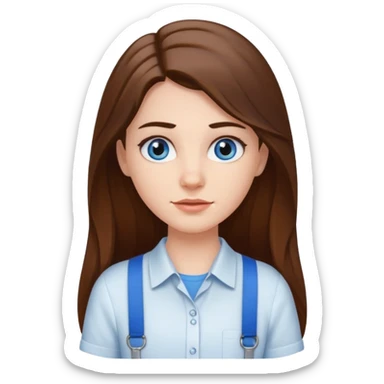 A pretty white girl with long brown hair dark eyebrows and braces and blue eyes wearing a white shirt sticker