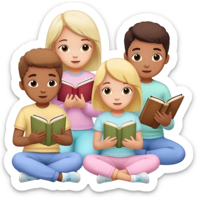 children in pastel clothes play with book sticker