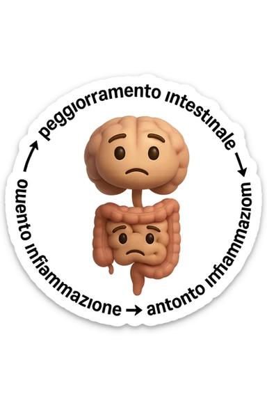 EMOJI STILE IPHONE 3D DI un cerchio con queste scritte che girano intorno "stress → peggioramento intestinale → aumento infiammazione → peggioramento sintomi intestinali e sistemici." al centro del cerchio metti un cervello e intestino umani collegati verticalmente con espressione dubbiosa in volto, FALLO MOLTO REALISTICO IN 3D sticker
