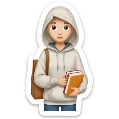 A flat-style illustration of a college student with a tote bag over the shoulder and a book in one hand. The student wears a hoodie. Clean cartoon style, white background, iOS emoji aesthetic. sticker
