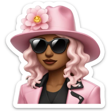  woman wearing a black hat adorned with a white flower and smaller decorative flowers. She is also wearing black sunglasses and a shiny pink jacket over a black top. She appears in a side profile pose , her head slightly tilted back. White skin sticker