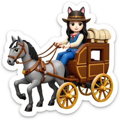  Rustic Lego antique wood detailed 1854 pretty dark-haired Catgirl driving a huge horse-drawn stagecoach Caravan on a bumpy scary trail in the woods  sticker