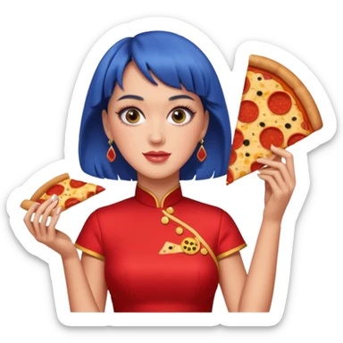 Katy Perry, wearing cheongsam, with pizza sticker