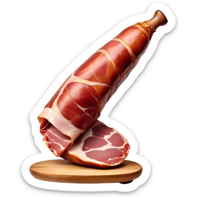 _cinematic-realistic-spanish-ham-leg,-depicted-as-a-massive,-cured-leg-of-jamón-serrano-(ham)-with-a-deep-reddish-brown-hue,-intricately-marbled-and-slightly-glossy-with-age,-elegantly-displayed-on-a-rustic-wooden-stand-and-bathed-in-warm sticker