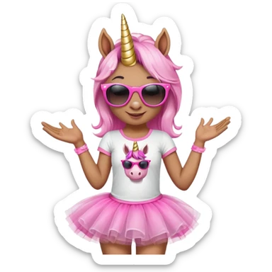 friendly anthropomorphised female unicorn with horse-like face, in tutu and pink t-shirt, wearing dark sunglasses, standard pose, close-crop head and shoulders sticker