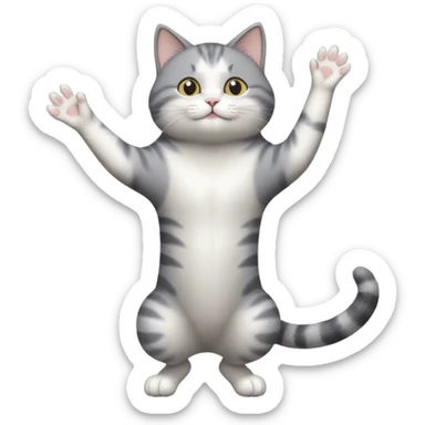 grey and white cat doing a big long stretch reaching up into the air sticker