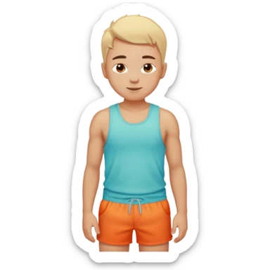 Emoji-style person in beach shorts with sunburned shoulders and chest, tank top outline, cute rounded features, soft shading, vibrant colors sticker