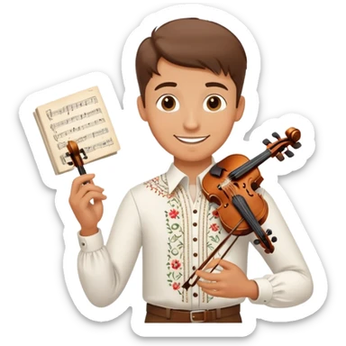 a happy guy in a white Ukrainian embroidered shirt, holding sheet music in one hand and a violin key in the other sticker