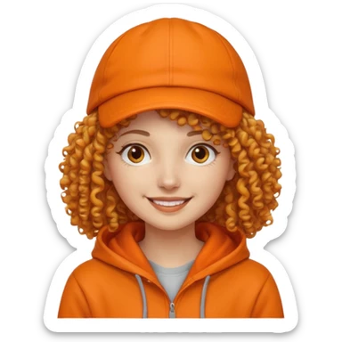 curly haired woman with orange cap and hoodie sticker