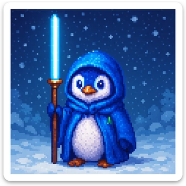 Add a snowy background behind the pixel art penguin wizard, keeping the retro video game pixel art style with blocky, pixelated details and limited color palette. sticker