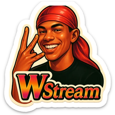 Make him Smiling 
Twist middle finger and ring finger crossed over to form a W
Change His durag To Red
Add the words W Stream sticker