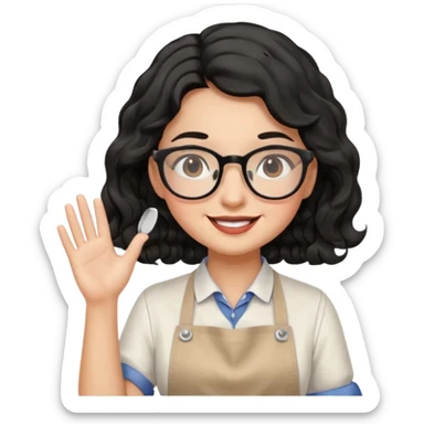 girl with apron, black wavy hair, wearing glasses, a little blush on her cheek sticker
