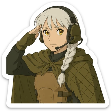 1 female, mid 20's, white hair in a long braid, gold yellow eyes, adorned in a black long sleeve shirt, tan body armor and a worn olive-green cloak with netting holding it together. She wears a COMTAC headset. is giving a stealthy salute sticker