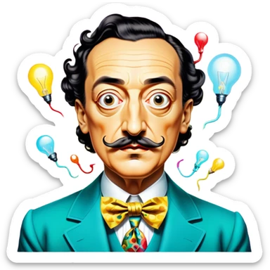 Cinematic Realistic portrait of Salvador Dalí, depicted as a surrealist artist with eccentric, expressive features and his iconic mustache, rendered with vibrant, imaginative lighting and richly detailed period attire that capture his avant-garde essence. sticker