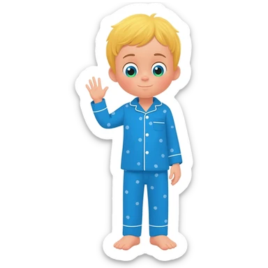 Create an emoji of the same blonde 3 year old as the first one you did. A happy boy with blue-greenish eyes turning off the lights to go to sleep with blue pajamas on sticker