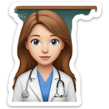 university classroom that says nursing school on the blackboard with a pretty female nursing student with long brown hair, blue eyes sticker