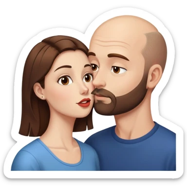 A balding man with brown hair and a short beard, kissing a much shorter thin brunette woman sticker