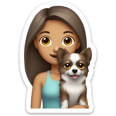 Where Girl with brown hair and brown eyes holding a grey pomeranian dog sticker