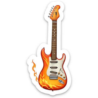 Create a bold and powerful emoji representing rock vocal performance in a humanless collage. The design should feature a vintage microphone at the center, surrounded by a heavy, aggressive hardcore electric guitar with sharp, jagged edges. Include crossed drumsticks behind the guitar, symbolizing the intense rhythm of rock music. Add fiery elements like flames or lightning bolts to enhance the raw energy of the design. Use dark, bold colors like black, red, and silver, with metallic or chrome accents to reflect the rebellious, hard-hitting nature of rock. The background should be transparent. sticker
