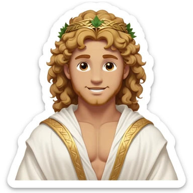 Cinematic Realistic Hercules Portrait, head tilted playfully and inquisitively, showcasing a blend of legendary power and youthful charm with the refined features of Michelangelo's David. His light tan, sculpted skin and thick, curly, golden brown hair—styled with wild majesty—evoke the spirit of the lion-wrestling Hercules. Clad in a softly draped white robe with subtle golden details and adorned with a Greek laurel wreath, his expressive eyes and warm smile capture an approachable yet formidable hero, bathed in gentle natural lighting. sticker