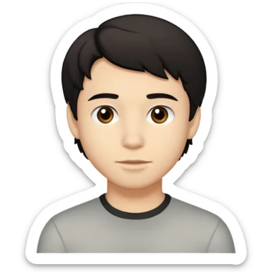 A young man with light skin tone, short wavy black hair parted to the side, large brown eyes, and a neutral expression with a small closed-mouth smile. sticker
