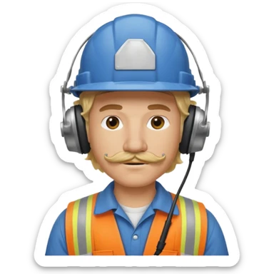 construction worker with blond long curly hair and protective headphones and mustache sticker