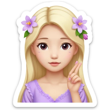 Asian girl with long blonde hair white skin makeup natural with flower in her ear, her dress is white and pink lil flowers  sticker