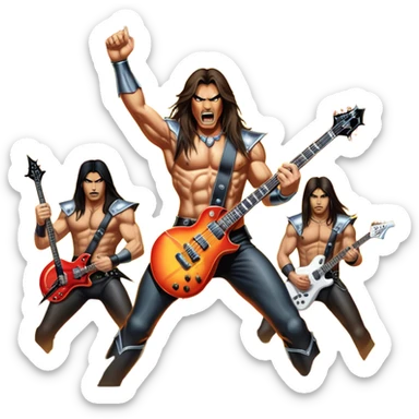Icon for Metal Music: Manowar performing live, with powerful imagery of the band on stage, electric guitars, drums, and heavy metal energy. The background features a fiery stage and intense lights, reflecting the epic atmosphere of their concert. Transparent background. sticker