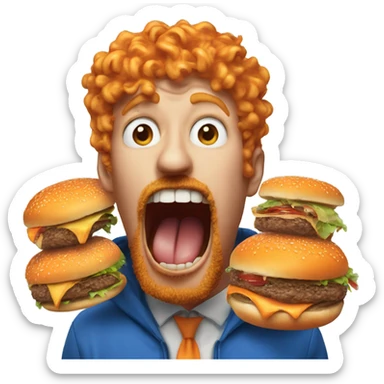 Horrified burger getting eaten by a man with a orange beard orange curly hair and a blue hooding sticker