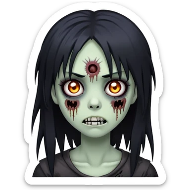 spooky zombie girl, black medium-long hair, emo and shaggy, creepy face sticker